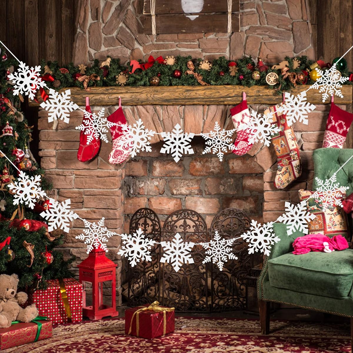 2 Pack Snowflake Banner - Winter Wonderland Decorations Winter Baby Shower, Christmas Snowflake Banner Christmas Party Decorations Winter Decor Snowflake Decorations for Home Office Fireplace Mantel (Silver Glitter)