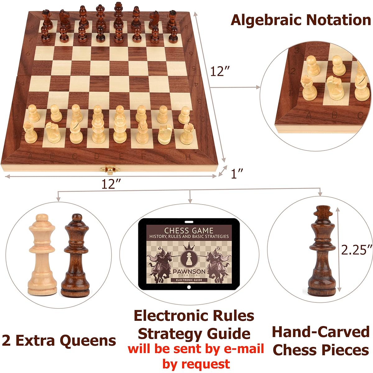 Magnetic Wooden Chess Checkers Set for Kids and Adults, 12 Piece Staunton Chess Set, Travel Portable Foldable Chess Board Game Set with Wooden Piece Storage, Unique E-Book for Beginners, 2 Extra Queens