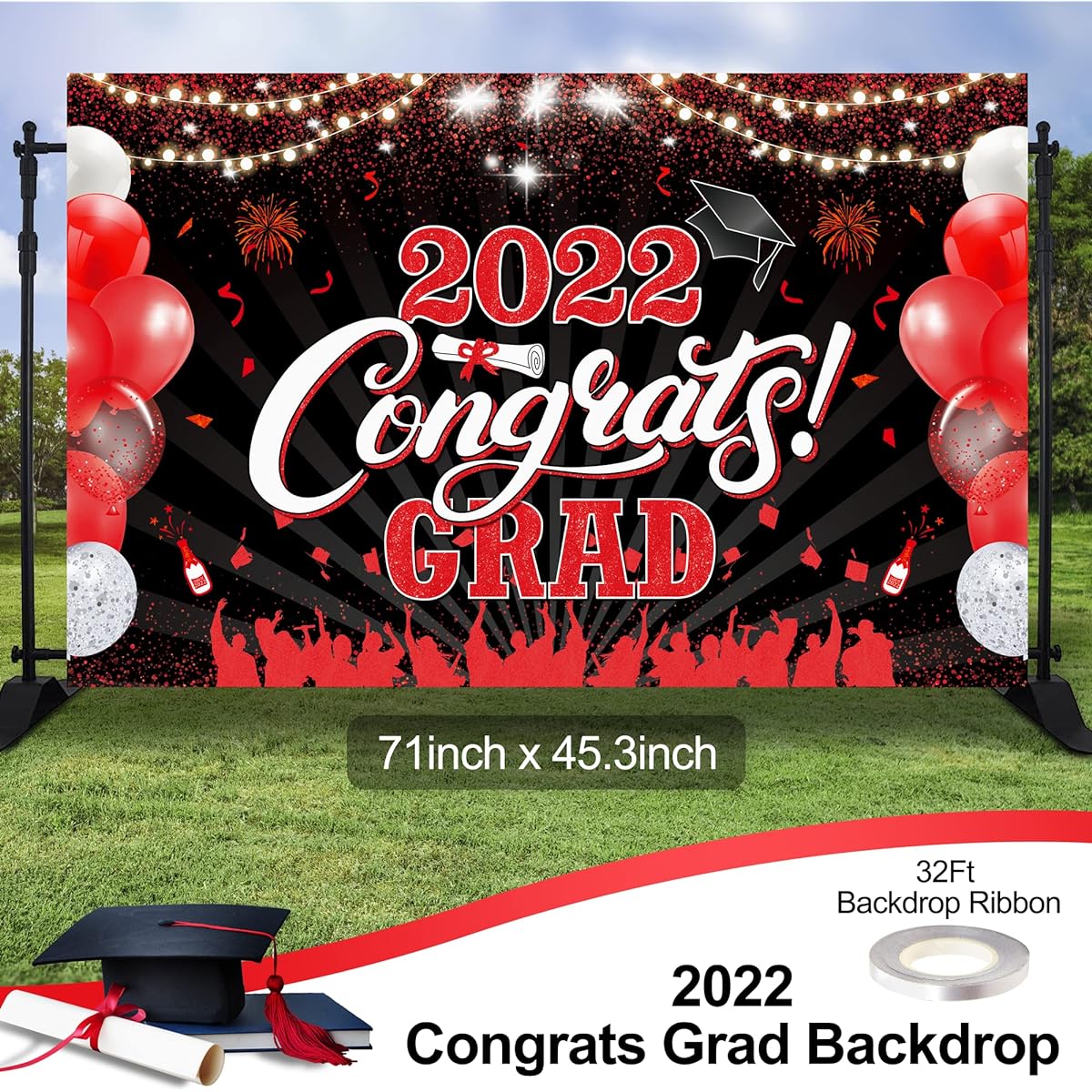LINAYE 2022 Red and Black Graduation Party Decorations Supplies - Congrats Grad 2022 Backdrop Banner, Red and Black Balloons, Arch Kit, Graduation Tablecloth, Graduation Gifts, Graduation Party Decorations