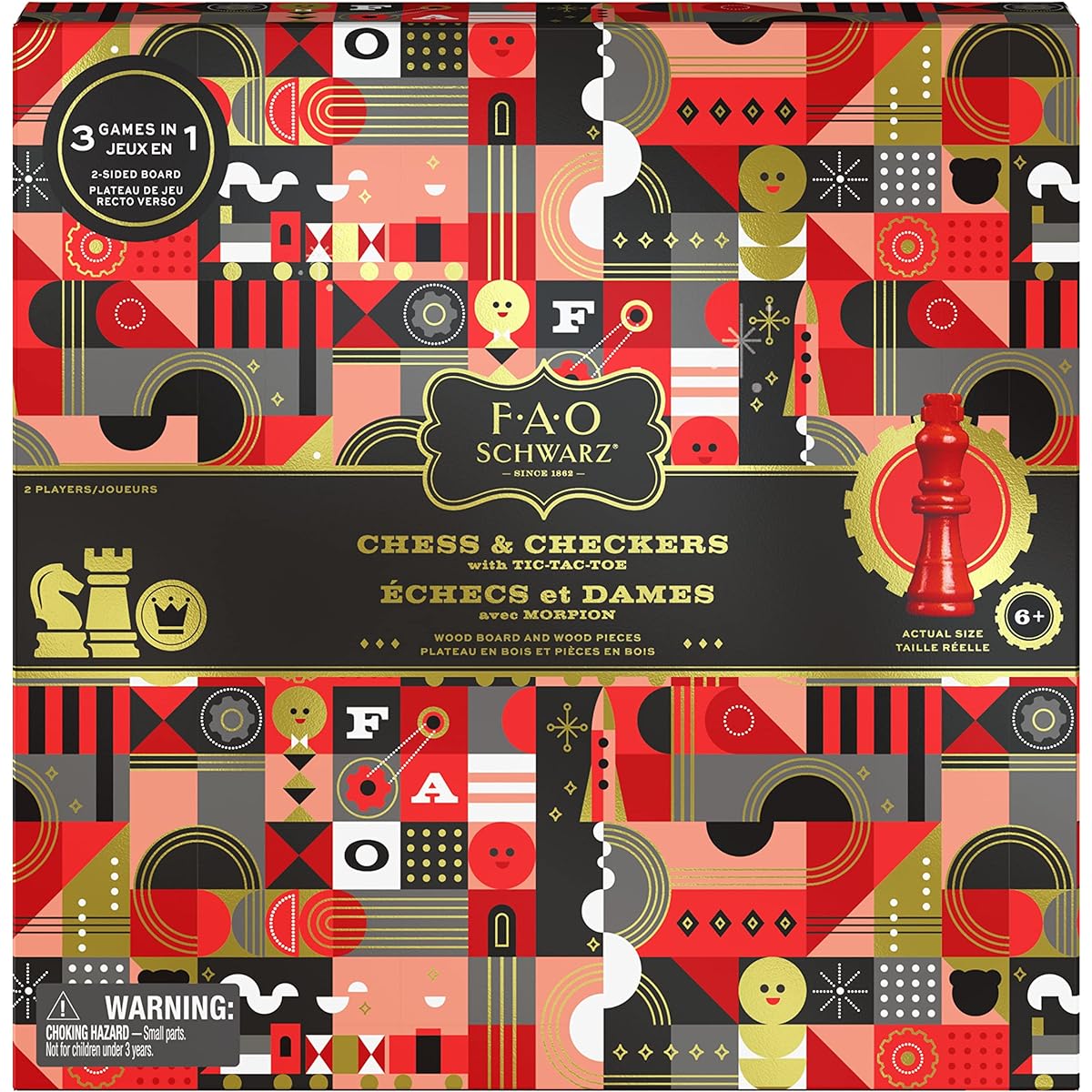 FAO Schwarz Wood Checkers and Tic-Tac-Toe Set, Classic Strategy Game, Ages 6+