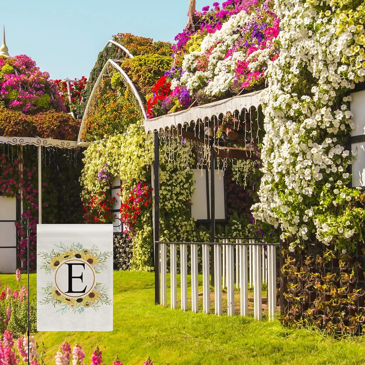 Spring Yard Flag Monogram Letter E Floral Welcome 12.5 x 18 Inch Double Sided Yard Flag for Outdoor Hanging Camper Initials Burlap Summer Vertical Wedding Party Seasonal Holiday Family Last Name Decor