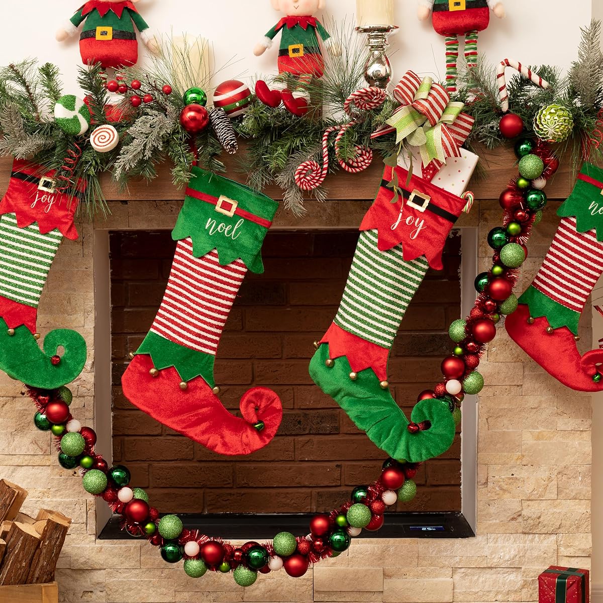 Valery Madelyn 23" 2 Pack Elf Christmas Stocking Decorations with Belt Cuffs and Bells Tree Skirt (Not Included)