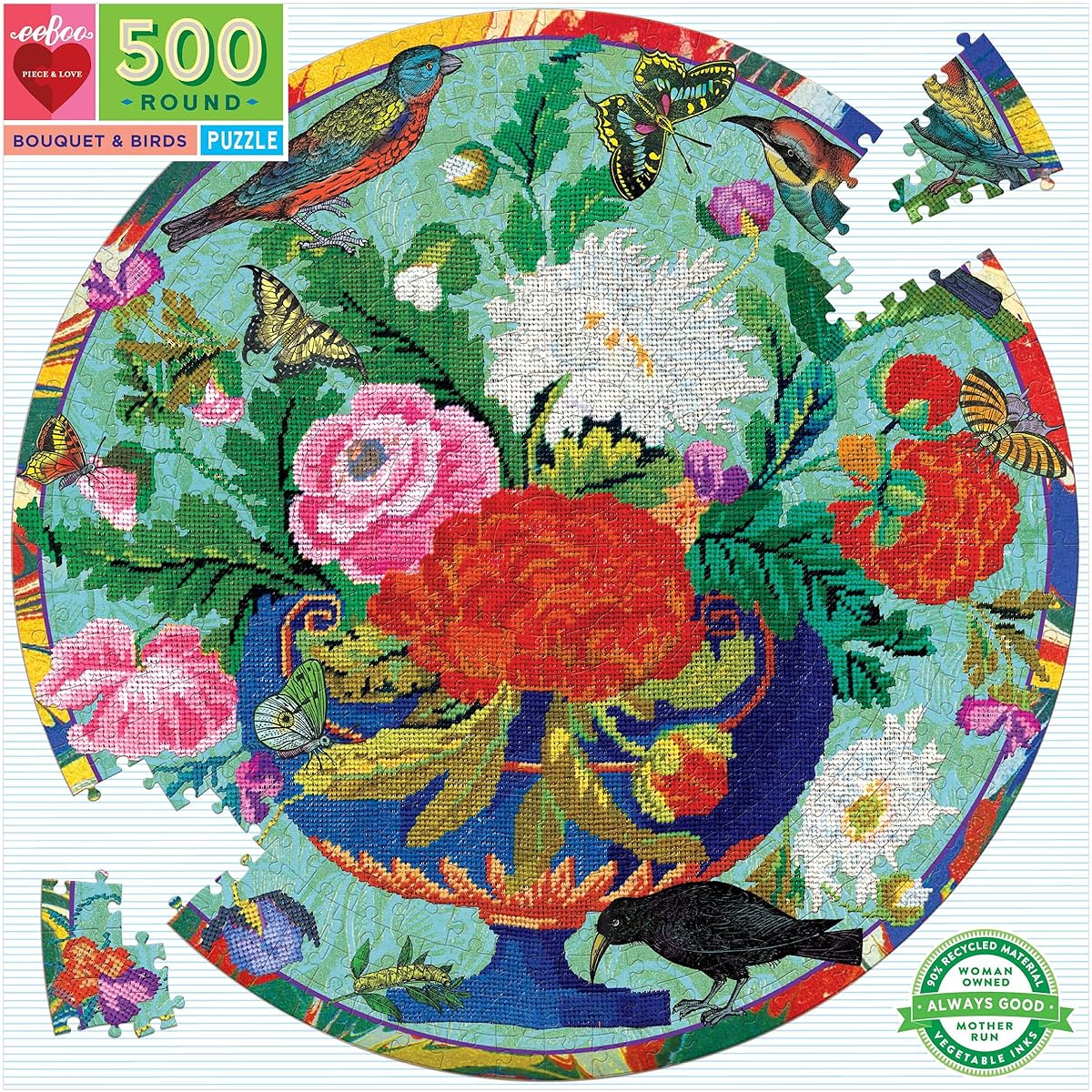 eeBoo: Peace & Love Bouquet & Bird 500 Piece Adult Round Jigsaw Puzzle for Adults and Families with Glossy and Durable Pieces