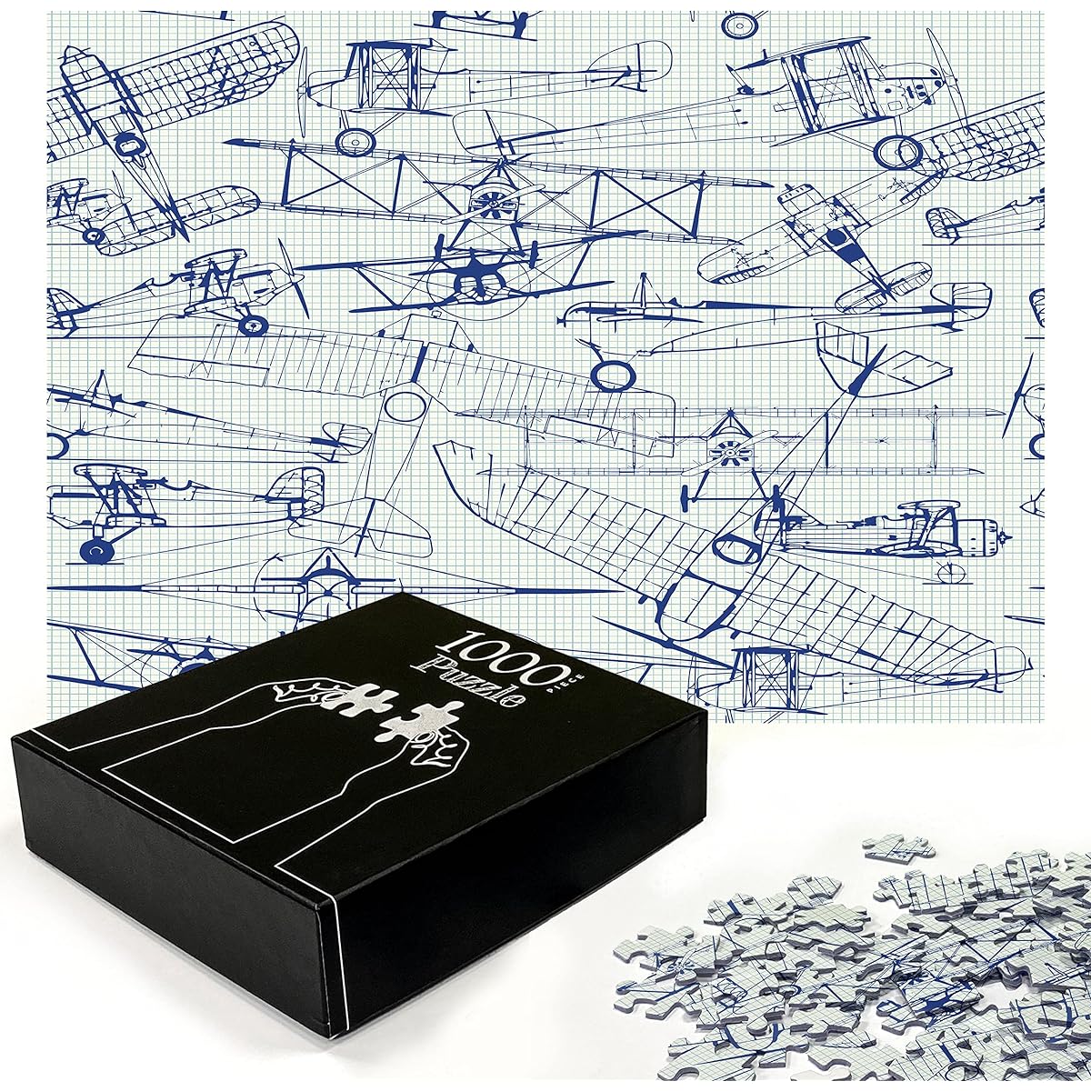 Ambesonne Airplane Jigsaw Puzzle - Old Plane Drawings, Classic Date Flights, Vintage Style, Nostalgic Jets, Heirloom Quality, Fun Activity, Great for Families, Sturdy Cardboard, 1000 Pieces, Violet Blue Turquoise