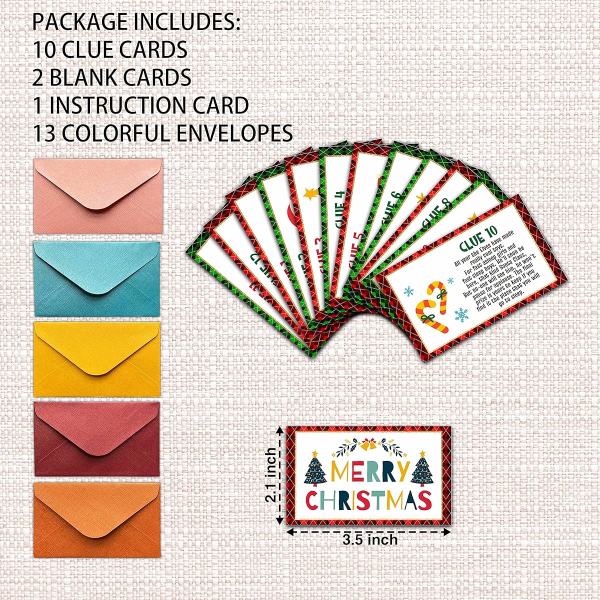 Christmas Party Games - Christmas Scavenger Treasure Hunt Clue Cards Christmas Game Cards Christmas Eve/Happy New Year Party Supplies Decorations (13 Cards with Colorful Envelopes)