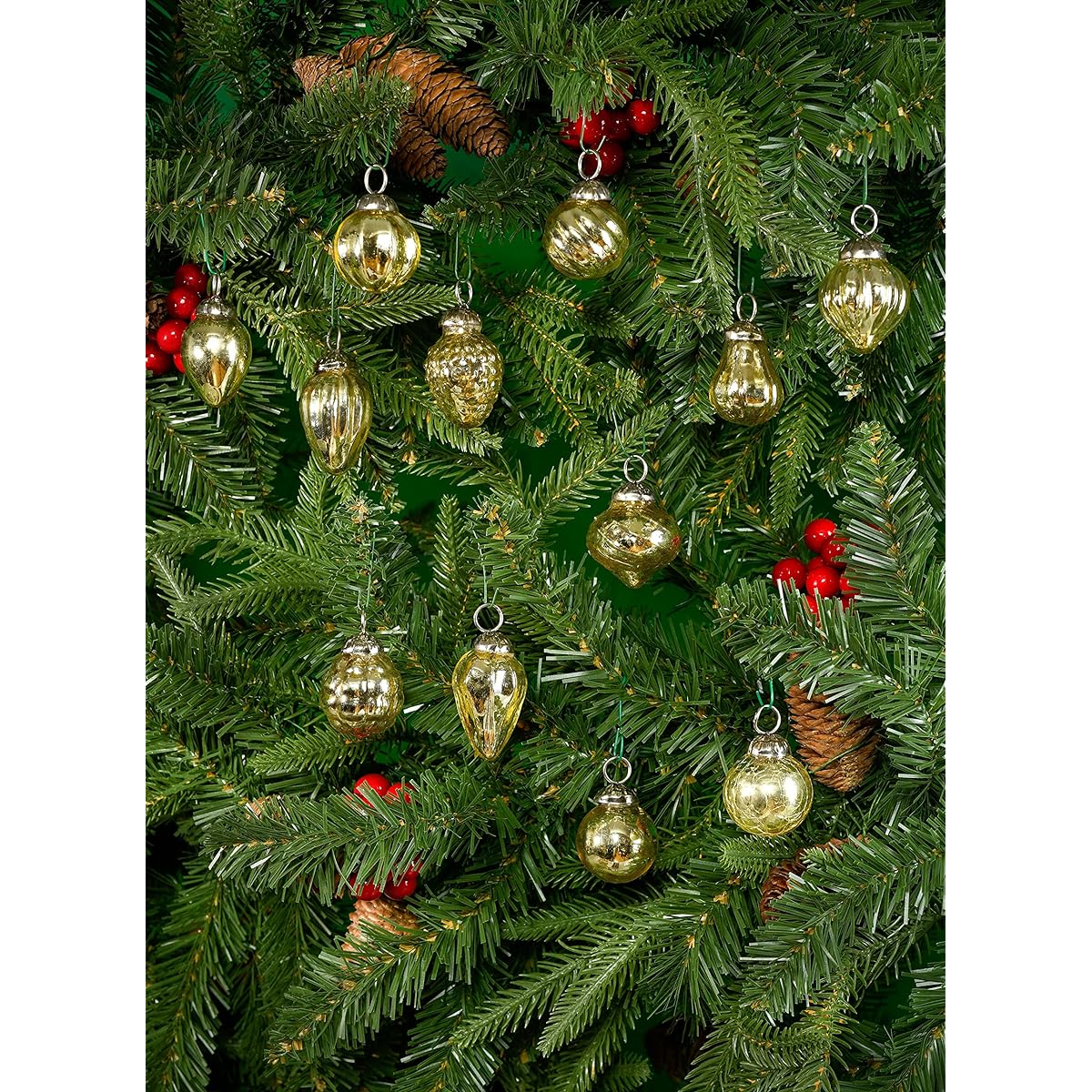 Serene Spaces Living Mini Mercury Glass Ornaments, Set of 12, Holiday Decor, Silver/Copper/Light Gold, SSLBG8065LGLSFS