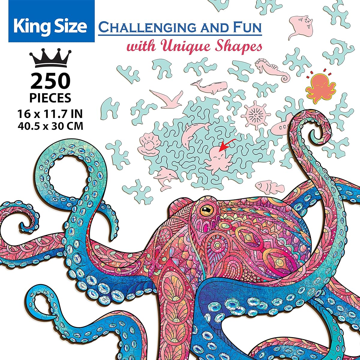 GEMTURT PUZZLE Octopus Wooden Jigsaw Puzzle 15 x 11 Inches 373 Pieces Unique Shape