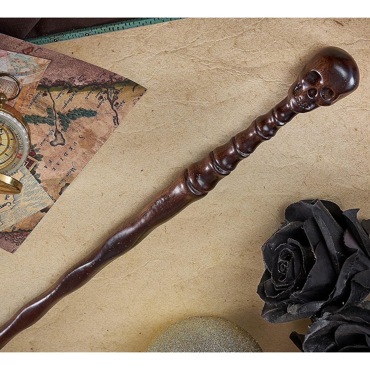 Handicraftviet Skull Wand - Handcrafted Real Wood Grain Wizard Magic Wand for Adults and Kids, 15 Inch, Great Halloween Gift