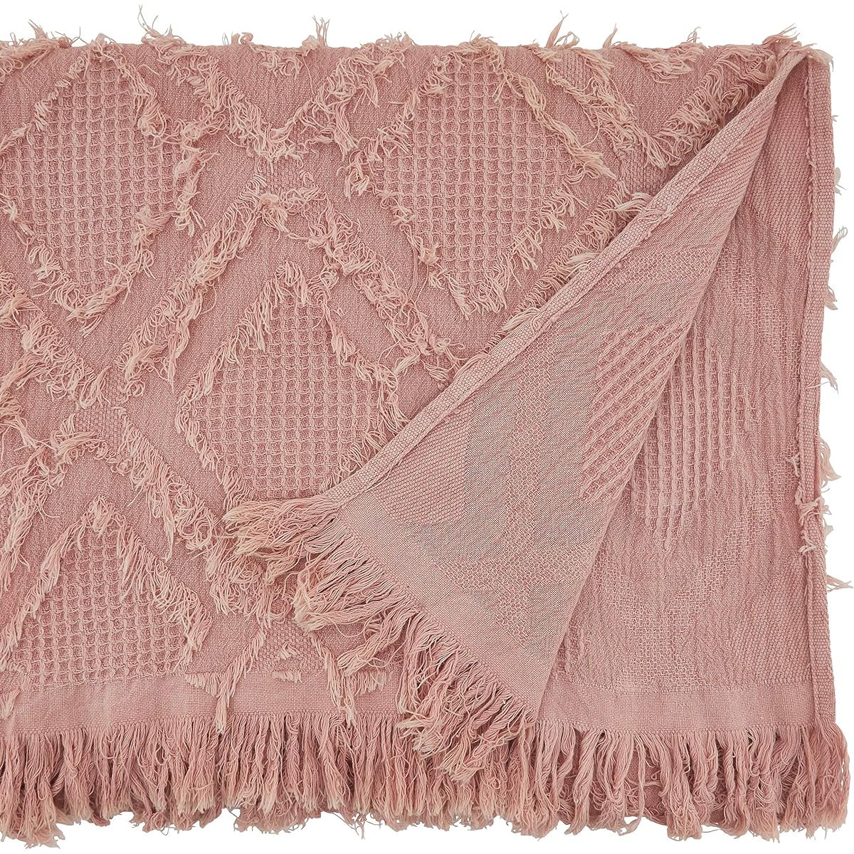 SARO LIFESTYLE Ivory Line Collection Fringe Waffle Weave Table Runner, 16" x 72", Rose