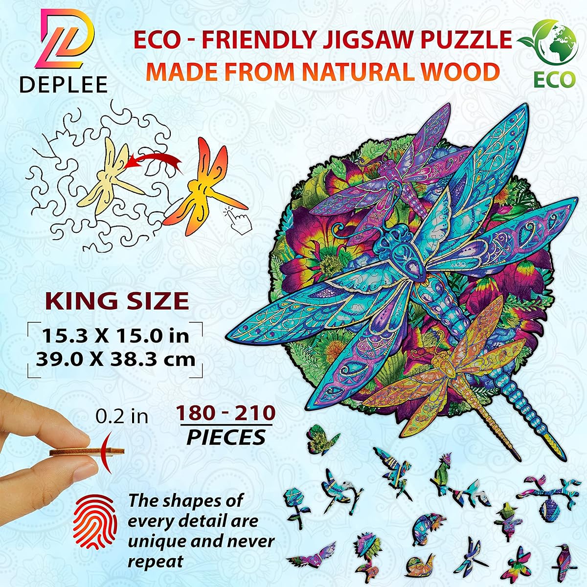 DEPLEE Wooden Puzzle for Adults Dragonfly Wooden Jigsaw Puzzle Unique Shape Wooden Animal Puzzle Creative Challenge for Adults/Family/Friends 180-210 Pieces 15.3x15 Inch King