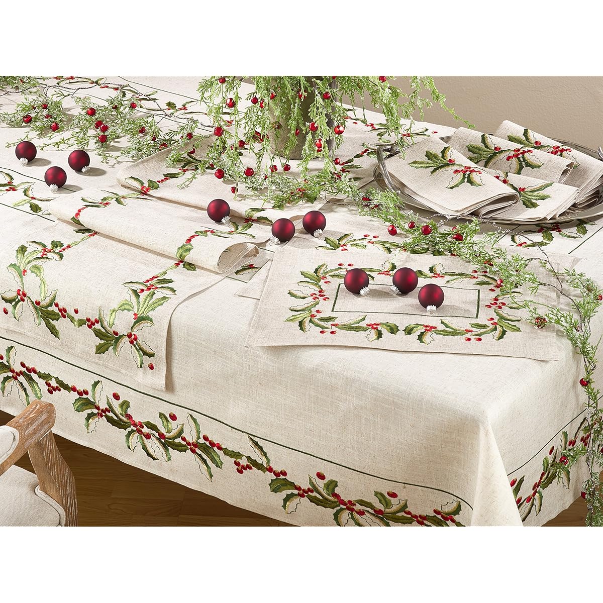 SARO LIFESTYLE QX653.N16108B Holiday Collection Embroidered Holi Design Table Runner 16" x 108", Natural