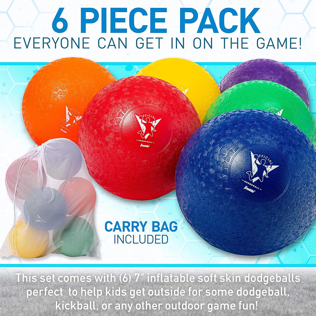 Franklin Sports Kids Dodgeballs - 6 Pack of 7 Inflatable Playground Balls for Kickball, Dodgeball and More - Soft Cover - Pump and Carry Bag Included