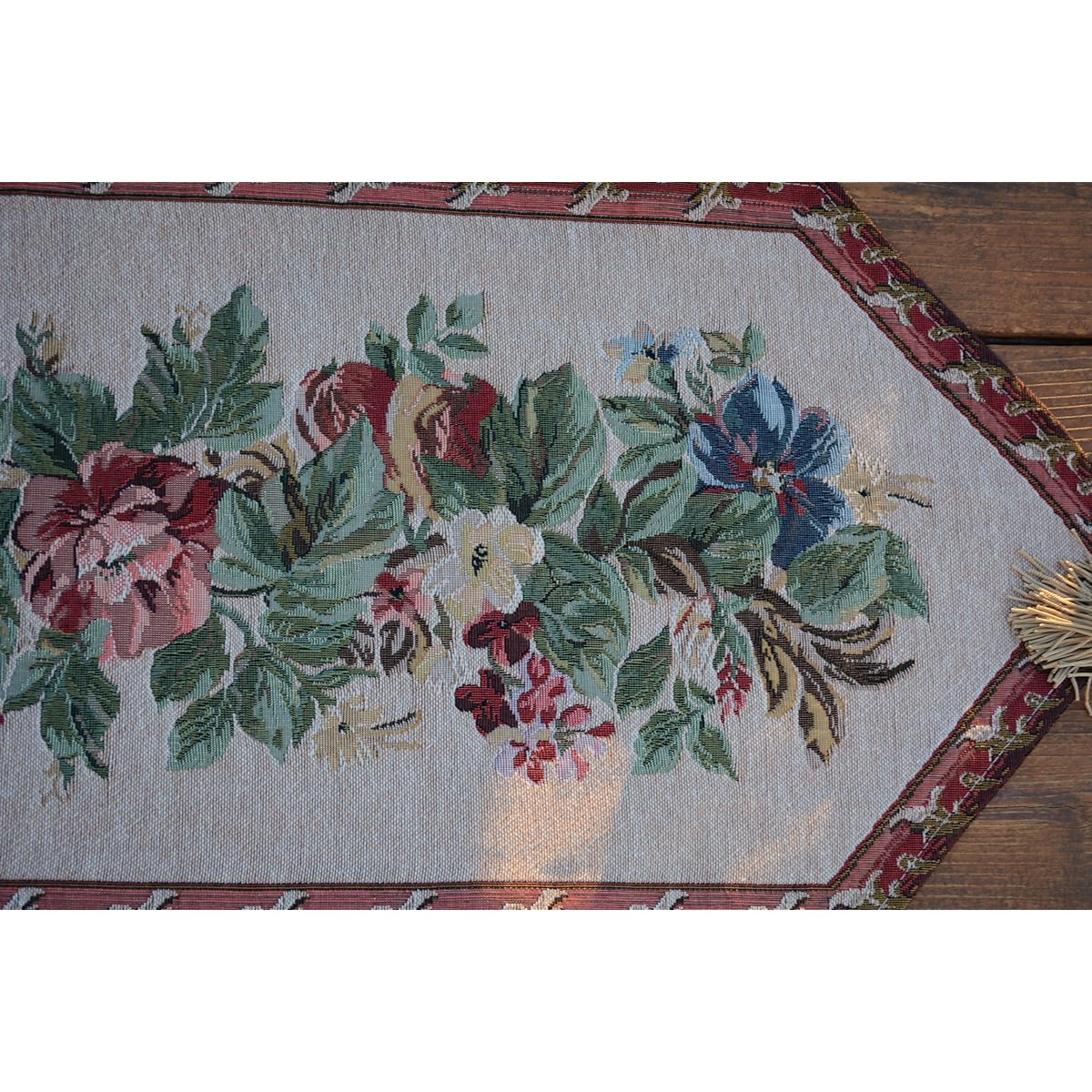 Red Floral Tapestry Table Runner Tache Yuletide Blooms Woven Cottage Tapestry Cover 13 x 90 Inch