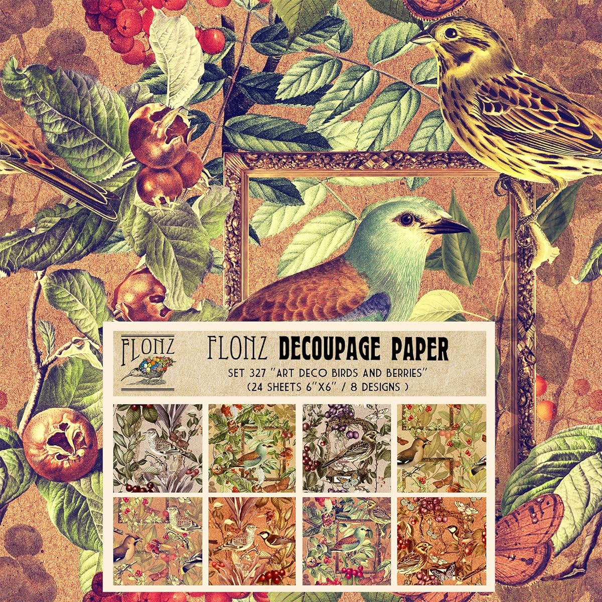 Decoupage Paper Pack (24 Sheets 6"x6") Art Deco Birds and Berry # Vintage Style Pattern Paper for Decoupage Crafts Scrapbooking