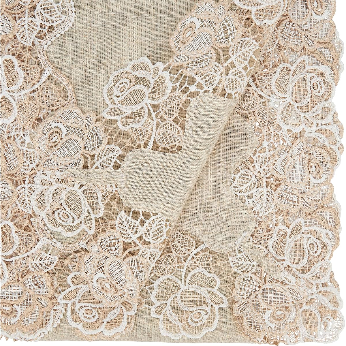 SARO LIFESTYLE KEMA Collection Lace Rose Border Table Runner 16" x 72", Natural