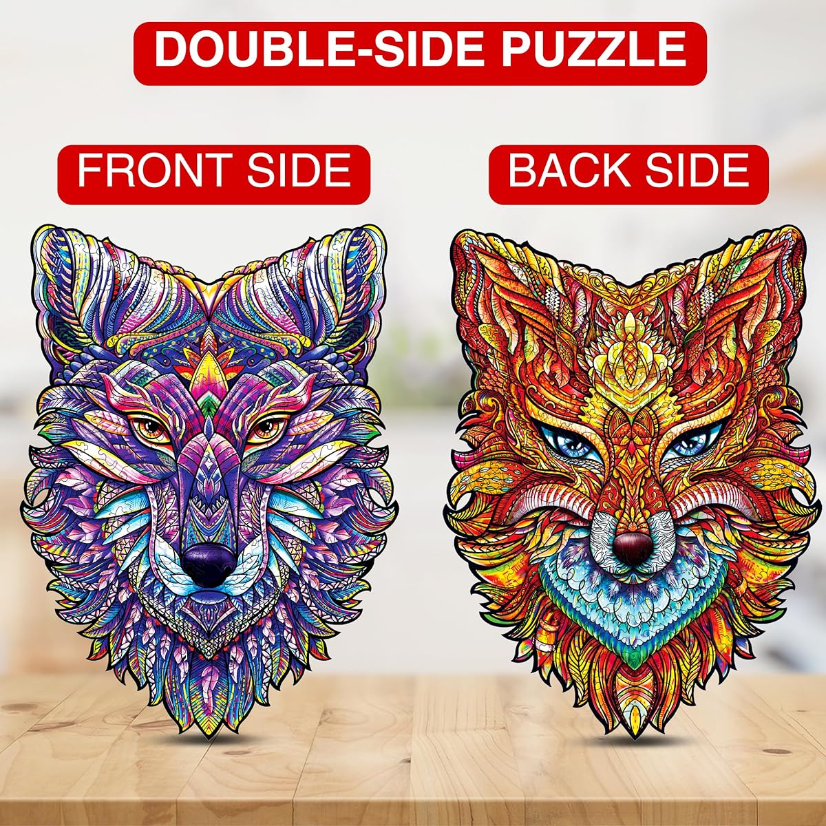 K&M FUN Double Sided Wooden Jigsaw Puzzle for Adults, 200 Pieces Royal Wolf/Elite Fox 8 x 10.9 inches, Unique Animal Shape Pieces, Best Gift in a Beautiful Box, Family Game Play