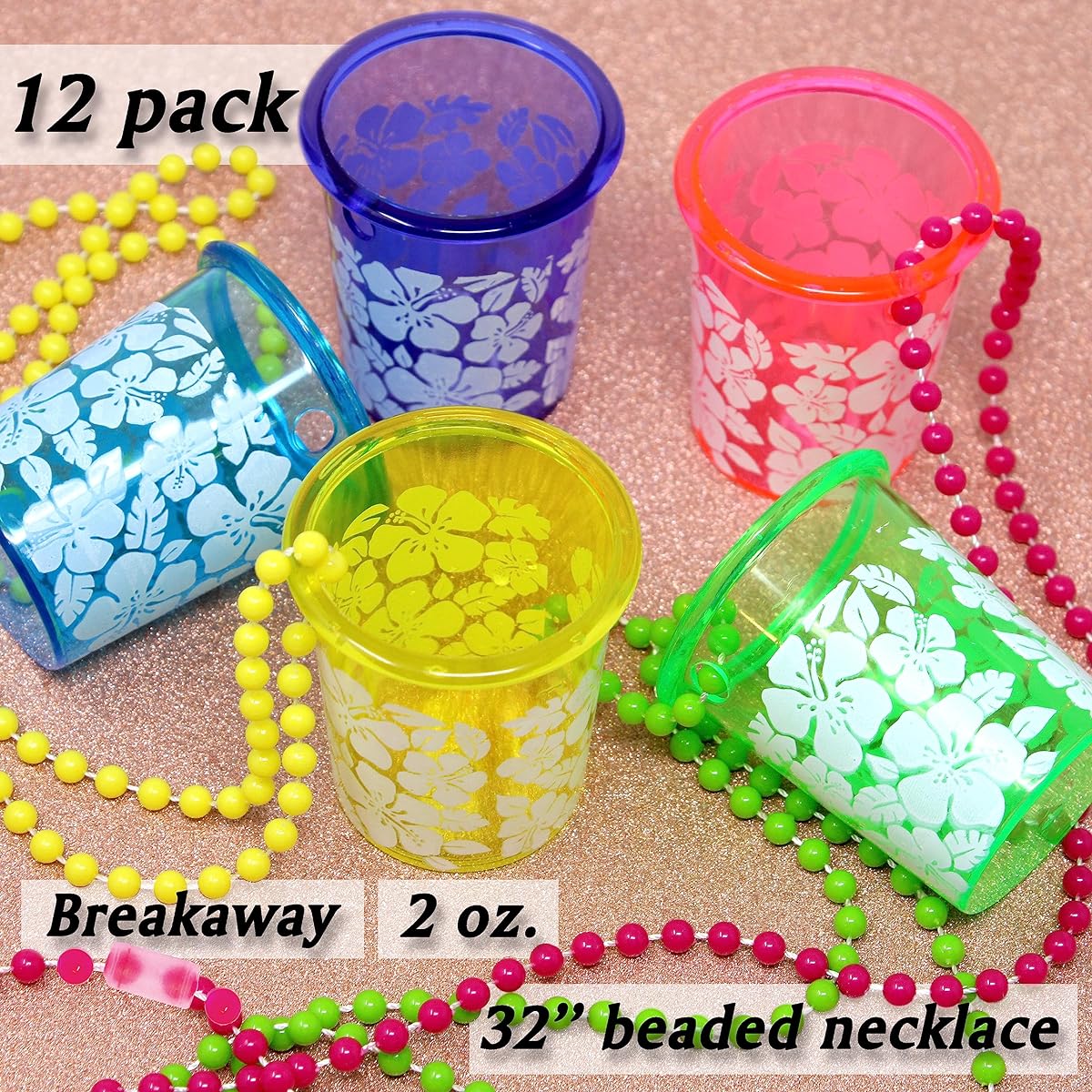 LUAU HIBISCUS SHOT GLASS BEAD NECKLACE (1 DOZEN) - BULK