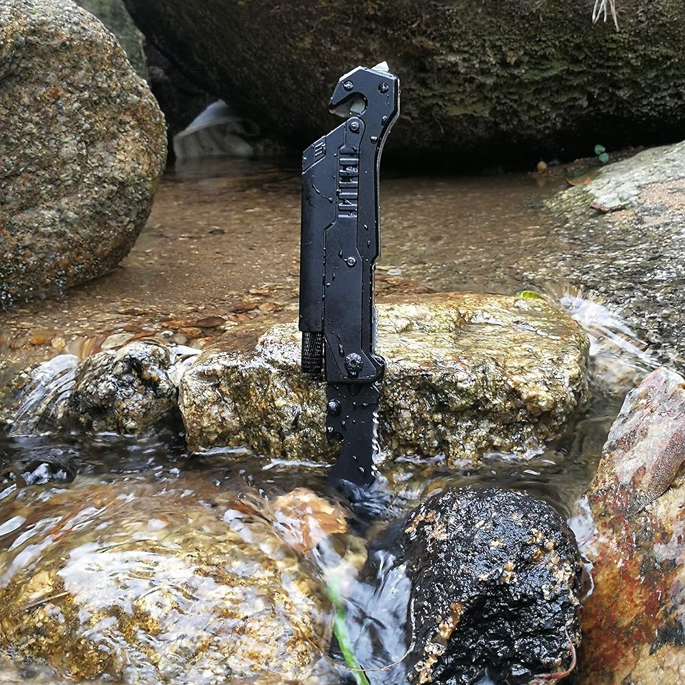ALBATROSS 6-in-1 Survival Tactical Military Folding Pocket Knife with LED Light Seat Belt Cutter Glass Breaker Magnesium Fire Starter Bottle Opener Multifunctional Emergency Tool (Black)