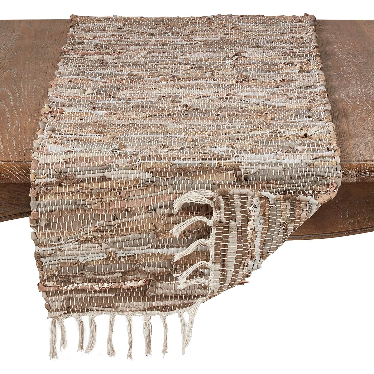 Fennco Styles Woven Chindi Leather Cotton Bohemian Decorative Down Fill Throw Pillow 16"x72" Table Runner, Beige