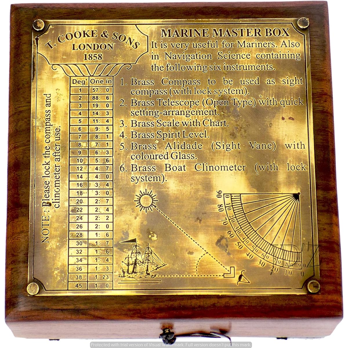 JD'Z COLLECTION Marine Corps Brass Master Box by T.Cookie & Sons London 1858 Handmade Antique Compass Telescope Boat Clinometer Christening Gift Husband Gift Fanatic Gift
