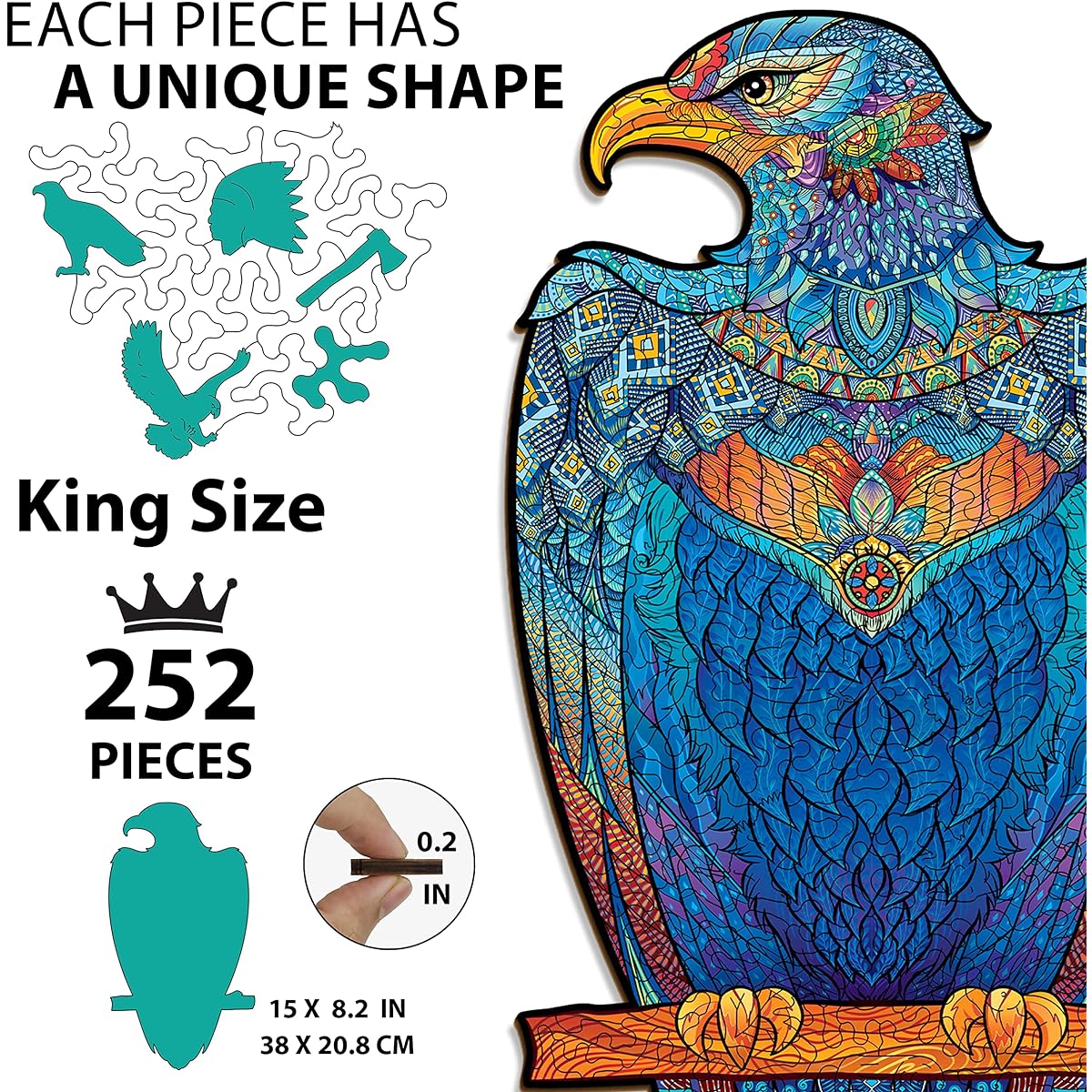 GEMTURT Puzzles Eagle Wooden Jigsaw Puzzle 15 x 8.2 Inch 252 Pieces Unique Shape