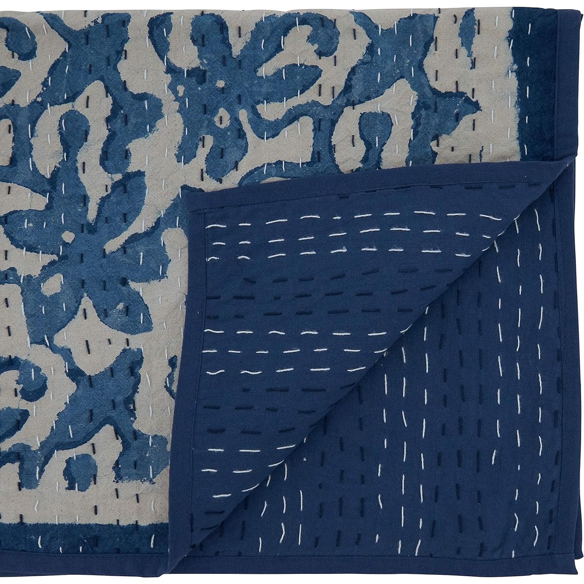Block Print Floral Kantha Stitch Table Runner