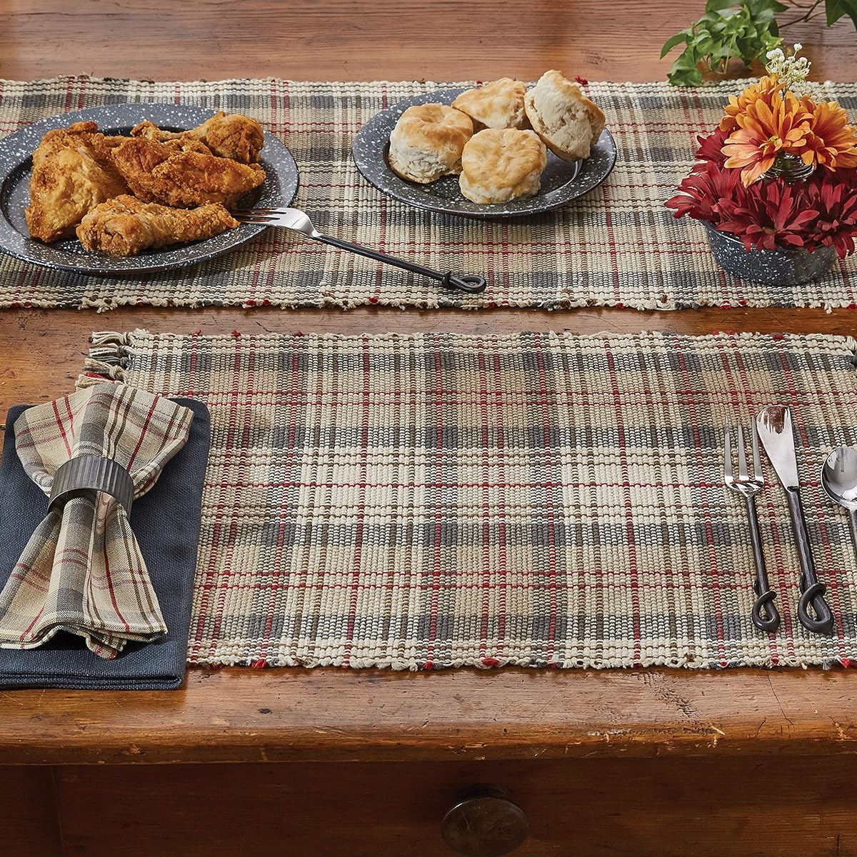 Park Designs Gentry 13" x 54" Table Runner Taupe Gray Tan Red Cream Plaid