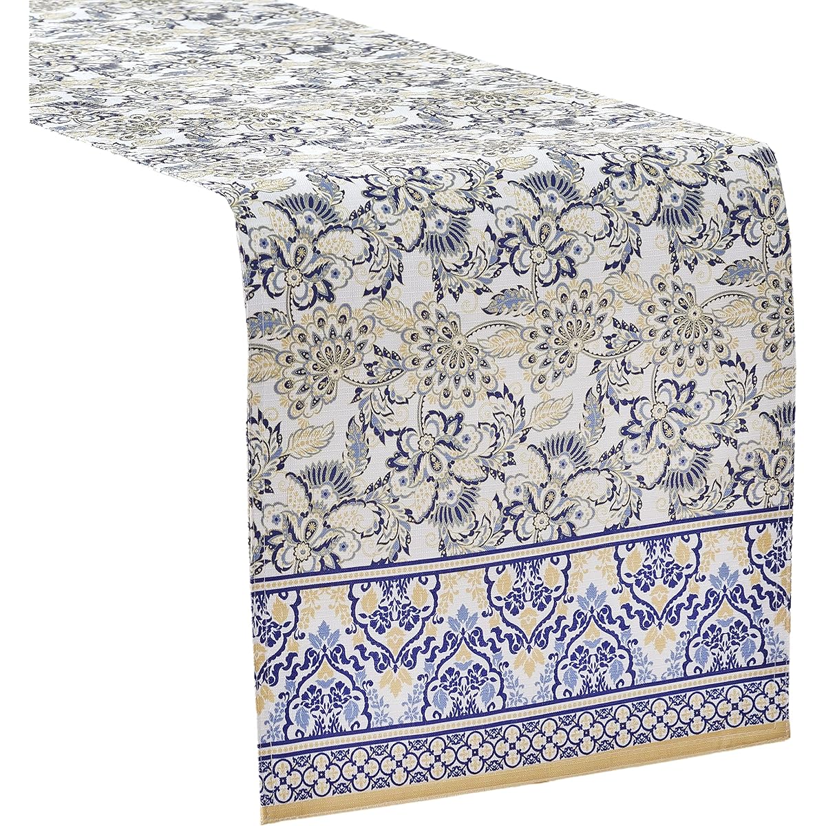Home Bargains Plus Provence Allure Arabesque Yellow and Blue Floral Border Country French Fabric Indoor Outdoor Stain and Waterproof Table Runner 70 Inch Long Table Runner