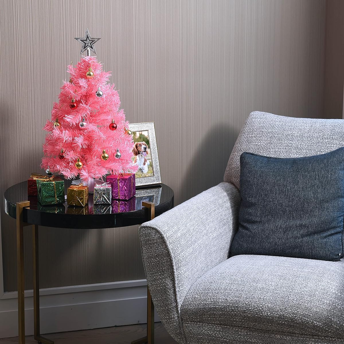 Prextex 23" Mini Pink Christmas Tree with Lights, Ornaments & Gifts - Small Pink Christmas Tree with Lights, Pink Mini Christmas Tree - Warm White LED Lights, Pink