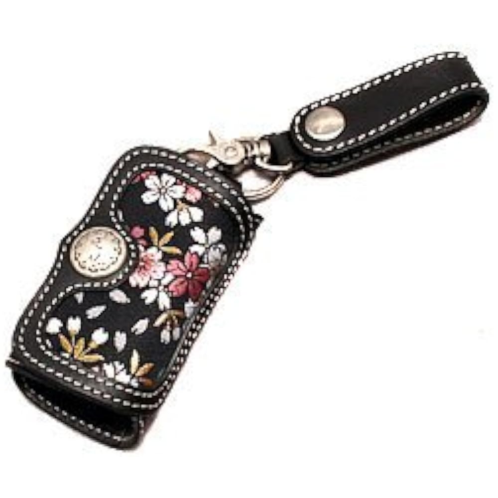 DEGNER Hanayama Key Case 4 Hooks Cowhide/Gold Brocade Fabric Kyoto Sakura/Black K-6K