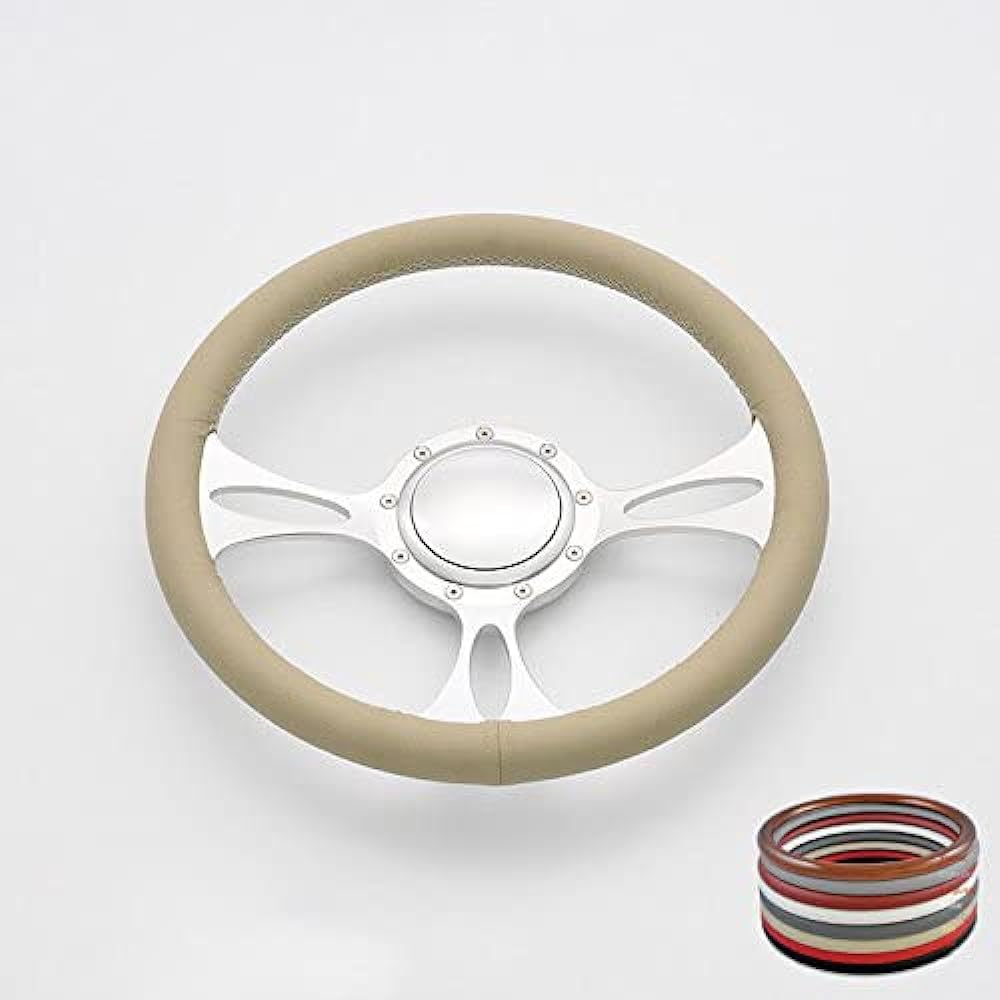 FlashPower 14 inch satin Vector Billet Steering Wheels Full Leather Wrap and Horn Button Black 121005-Q-CH2