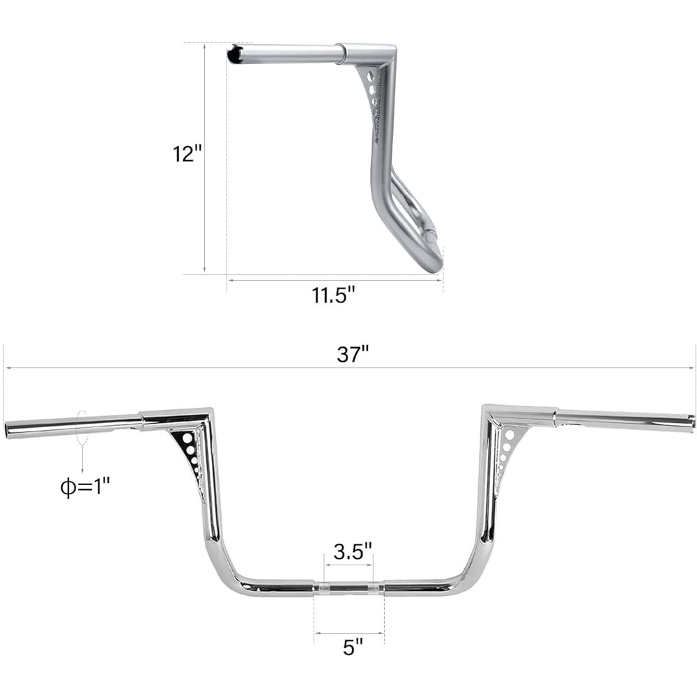 XFMT 1 1/4" Rise 12" Ape Hanger Handlebar Black Fits Harley Touring Dresser Bagger