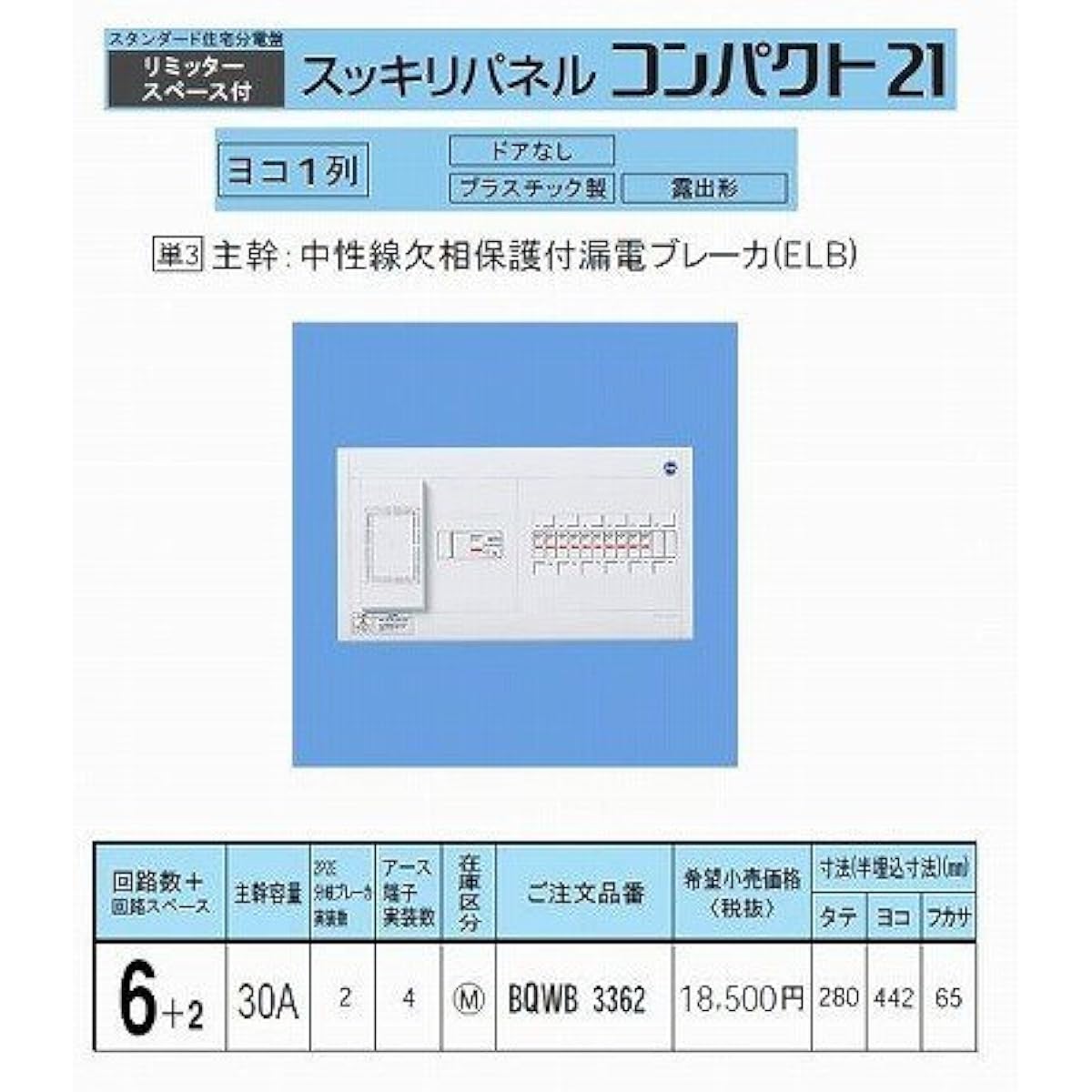 Panasonic Sukkiri Panel Horizontal Single Row Type with Limiter Space 30A 6+2 BQWB3362