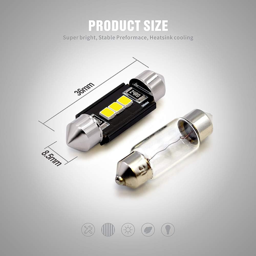SIRIUSLED Super Bright 2835 Chipset Kanbus Error Free LED Fest Toon Light Ball Car Truck Interior Number Plate Dome Curte Sea Light 1.50 inch 36mm FESTOON 6418 C5W 6000K Kissenon White 2 Pack
