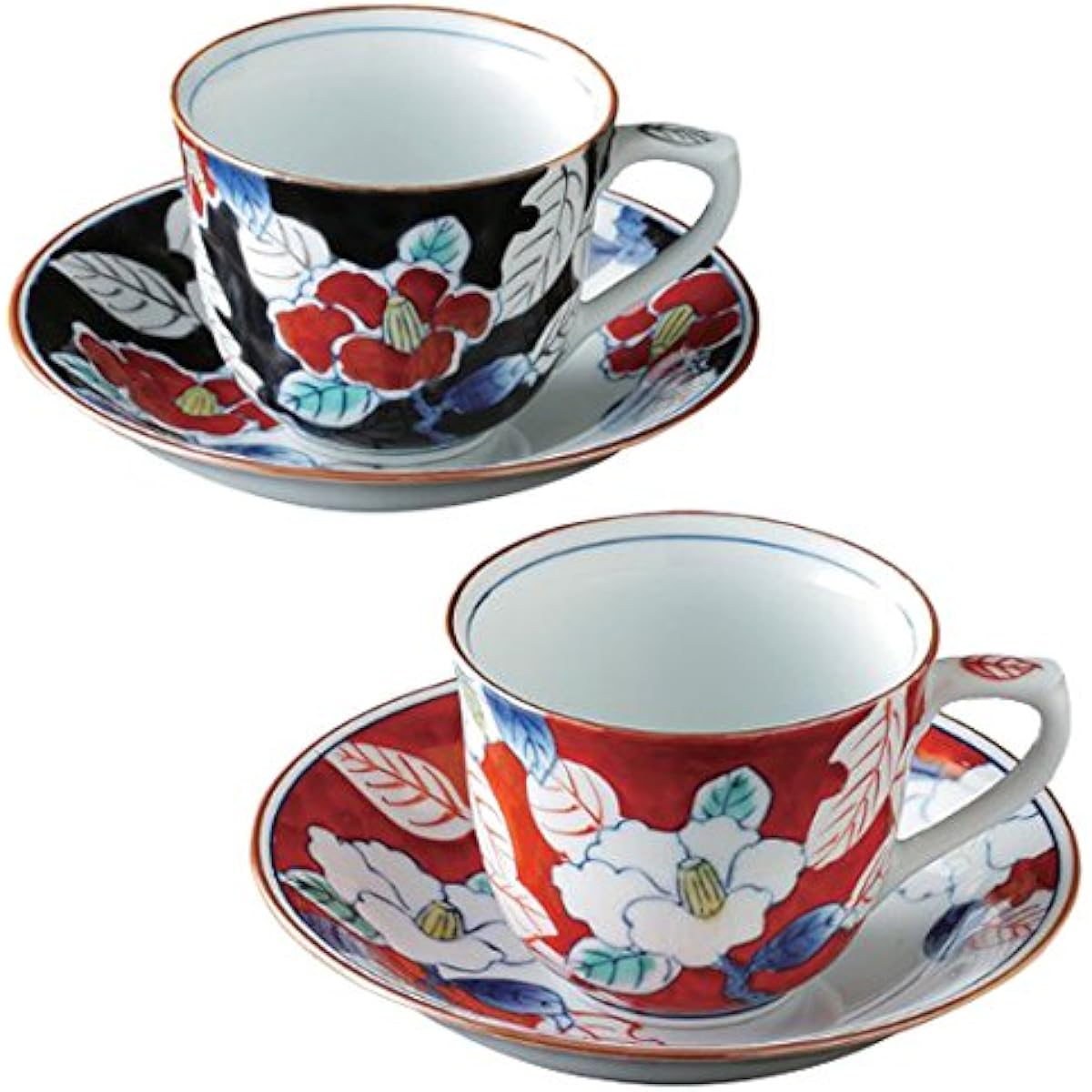 CtoC JAPAN Coffee Cup Stylish: Arita Ware All Hand Painted Colorful Sasanqua Flower Pair Coffee Bowl and Dish Japanese Pair Cup & Saucer Porcelain/Size(cm) Cup, 10.5xΦ8x6.5, Saucer, Φ14x2.7/No:677208