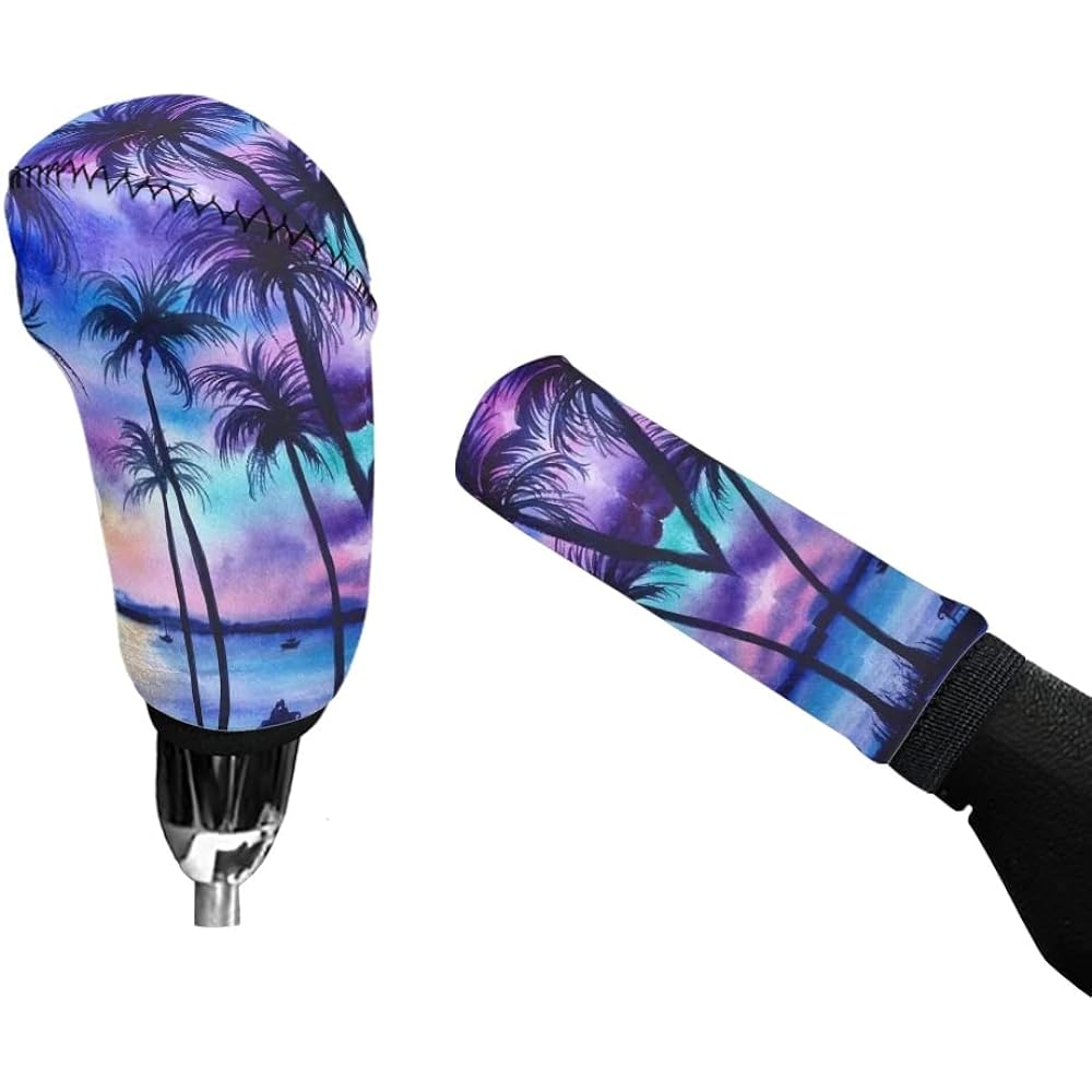 TOADDMOS 3 Points Hawaiian Purple Set Beach Pald Pald Wood Pattern Soft Handle Cover Cover Cover Gear Shift Cover non -slip Universal car internal decoration