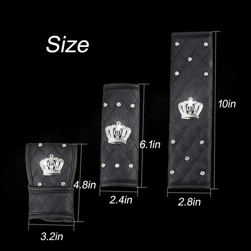 ALVAZA Leather Car Seat Belt Cover Sheet Belt Pad Pad Hand Brake Cover Gear Shift Cover Crown Car Accessories with Glitter Line Stone (4 pieces)
