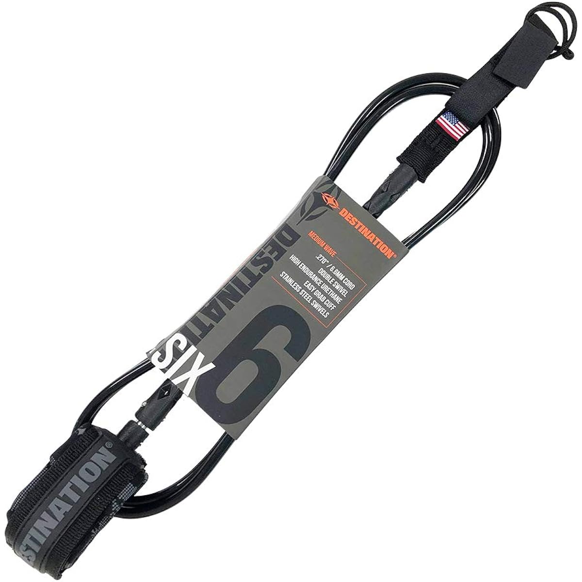 DESTINATION Leash Cord Double Swivel Leash Cord for Short Boards 6FT Regular Model (BLK) DS-02NT106001