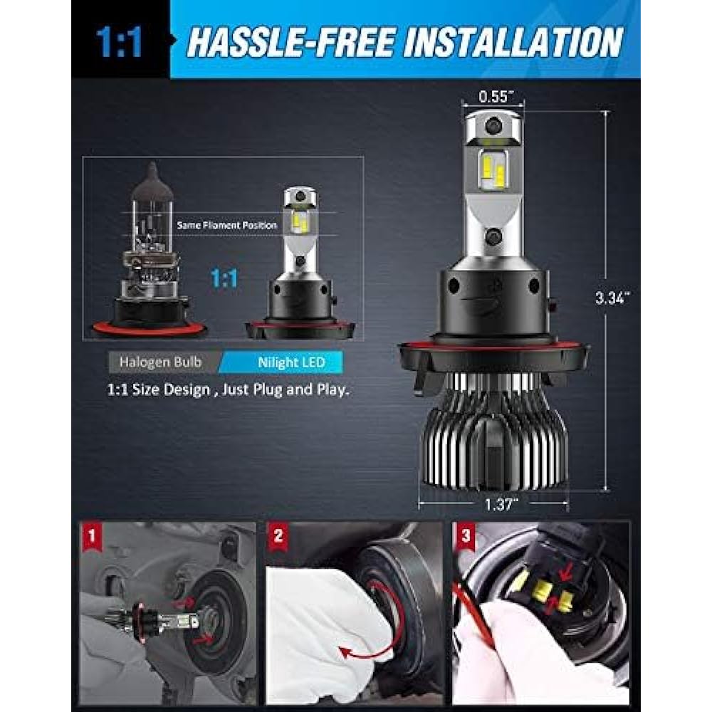 NILIGHT H13 LED bulb H13/9008 HI/LO BEAM LED Light bulb 6500K H13 LED Light bulb cool white IP67