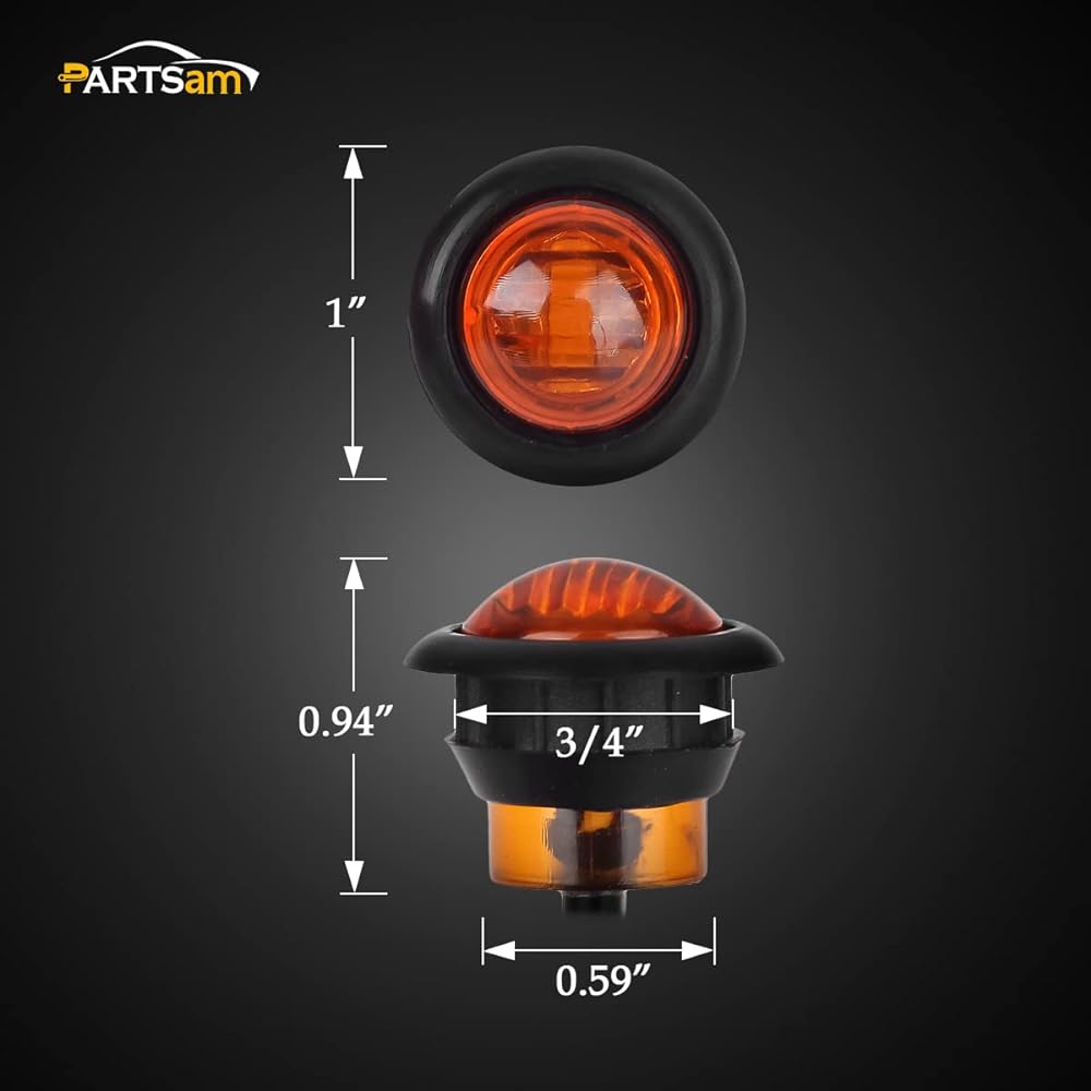 PARTSAM 10 pieces 3/4 inch round Amber trailer LED marker light 3 Wire Winker Light Clear Light Glomet Mount Pickup Track Troller Truck Side Marker Light sealed waterproof 12V