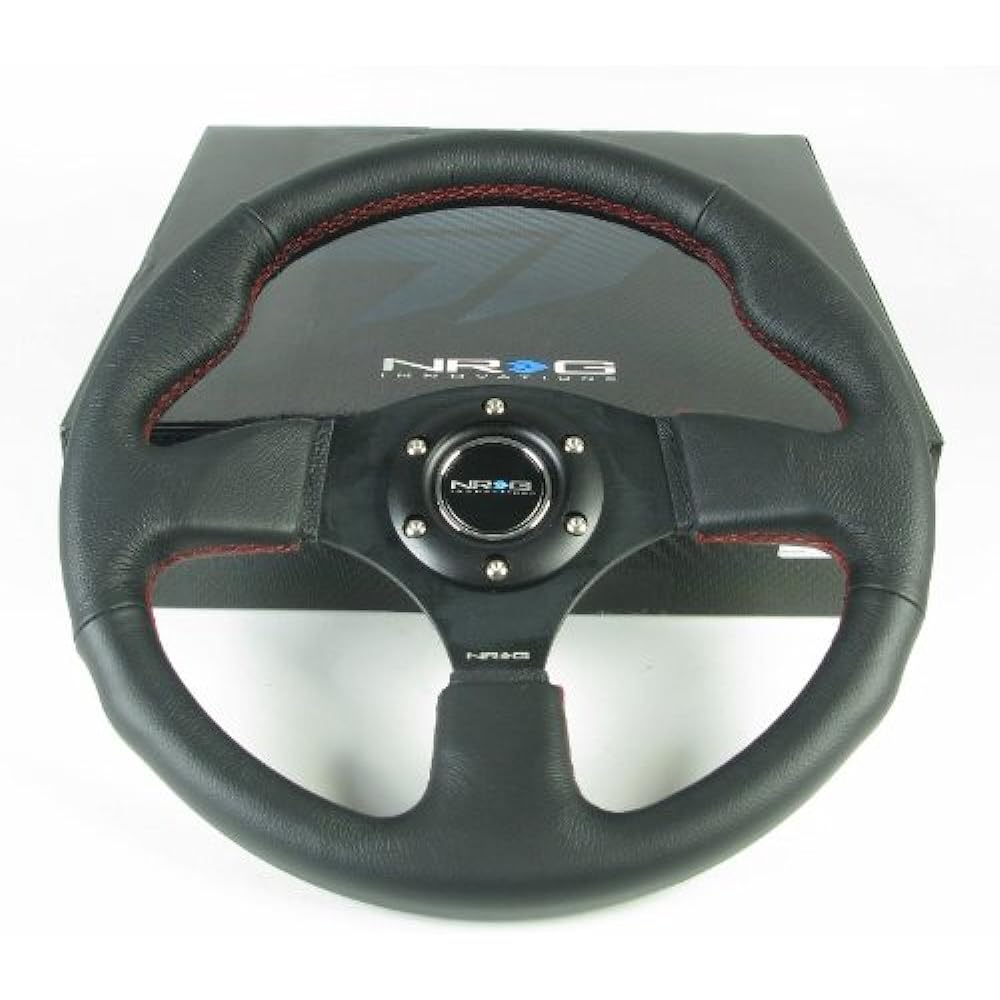 NRG Steering Wheels -12 (Race) -320mm (12.60 inch) - Black Leather / Black Spoke Red Stitch -Part number ST -012R