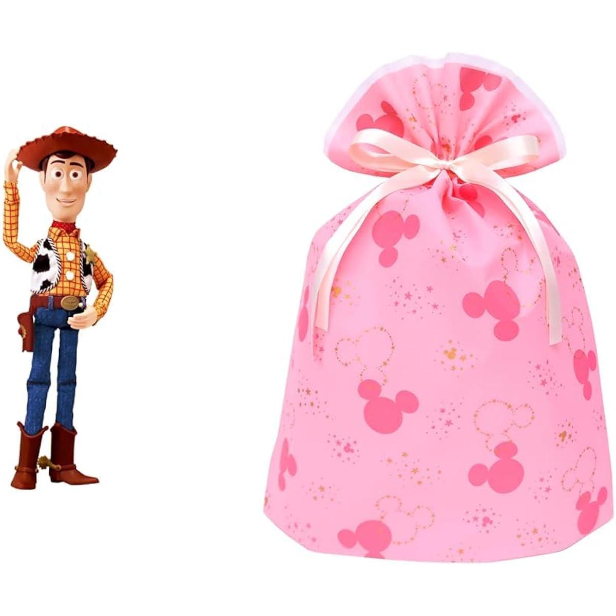 Toy Story Real Size Talking Figure Woody (Remix Version) + Indigo Disney Mickey Mitsumaru Wrapping Bag LL Star Pink DG953