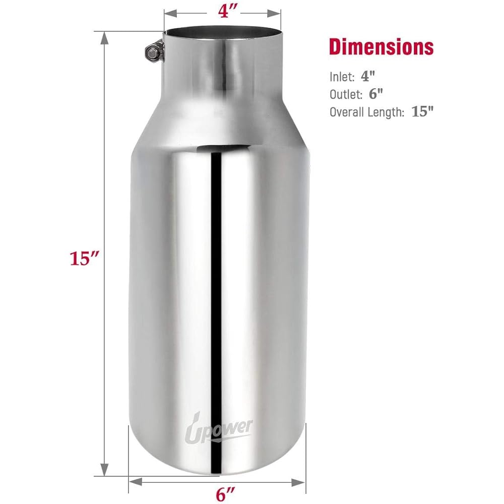 Upower Universal diesel truck car exhaust chip 4 inch inlet 6 inch outlet length 15 inch stainless steel bolt -on