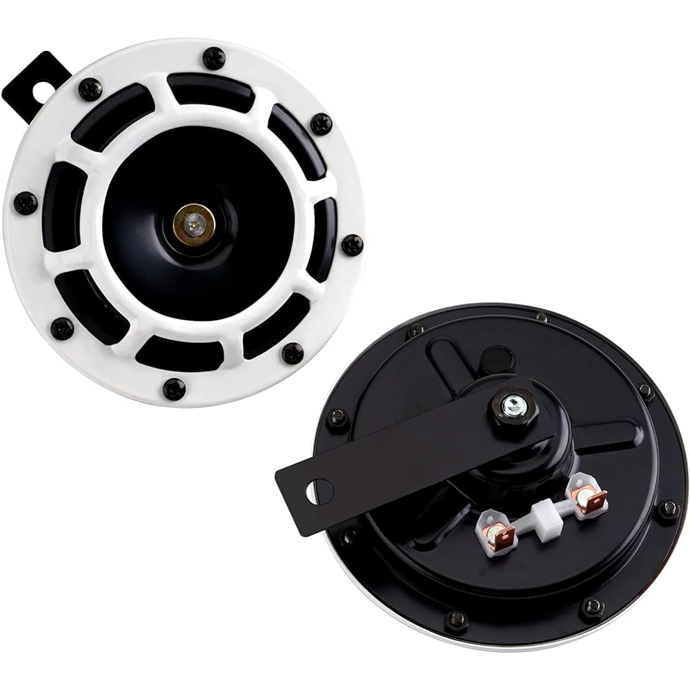 AOLIHAN Cars Train Horn Round Loud Horn Horn Speaker Metal Disc Horn Kit Compatible with 12V cars (White Horn with wires and buttons)