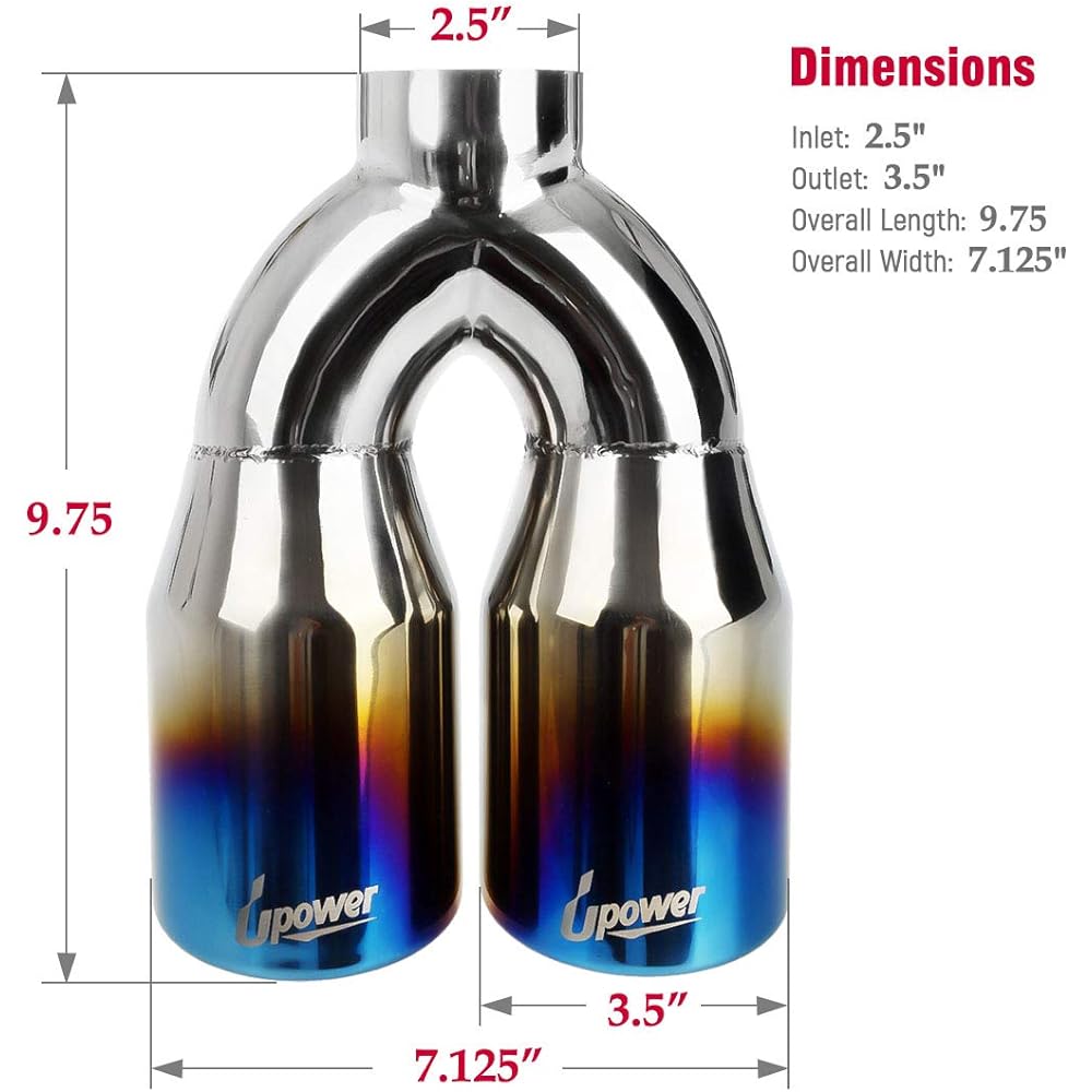 UPOWER 2.5 inch inlet 3.5 -inch outlet dual exhaust chips pipe 2.5 inches to 3.5 inches 9.75 inches stainless steel polished vacuum plating blue 1.2mm tail pipe (single wall, roll edge)