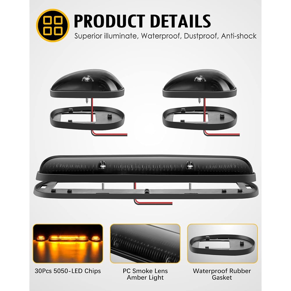 PARTSAM 3 set 30LED Cab Marker Roof Running Light Assembly Silverado/Sierra 1500 1500HD 2500 2500HD 3500 2002-2007 Compatible with track light + wiring pack