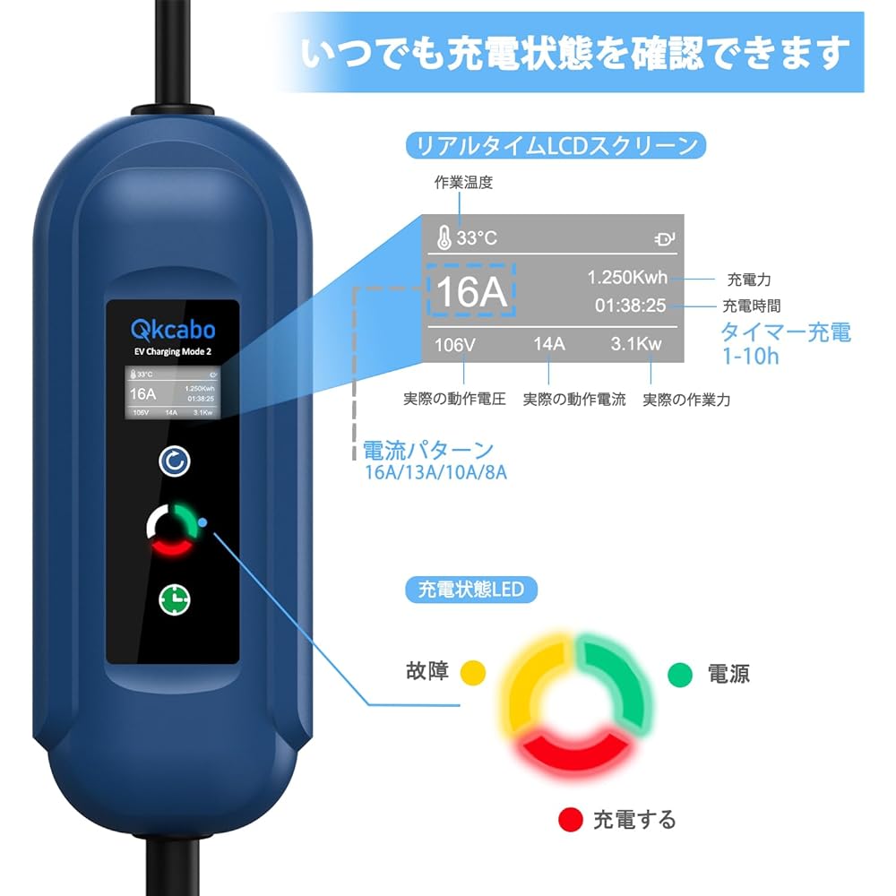 Qkcabo 100V Electric Vehicle Charging Cable EV Charging Cable, 100V-125V 8A/10A/13A/16A Current Adjustable Home Car Charging Gun SAE J 1772 with Rapid PHEV Charging Cable, Portable Charger for Electric Vehicles, 7.5M