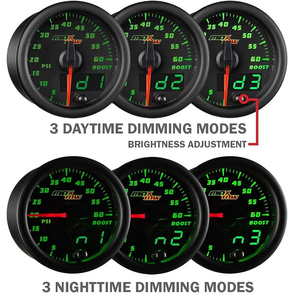 MAXTOW Double Vision 100 PSI Oil Pressure Gauge Kit -With Electronic Sensor -With Black Gauge Face -Green LED Lumine Dial -Analog & Digital Read -For Trucks -2-1/16 inches 52mm