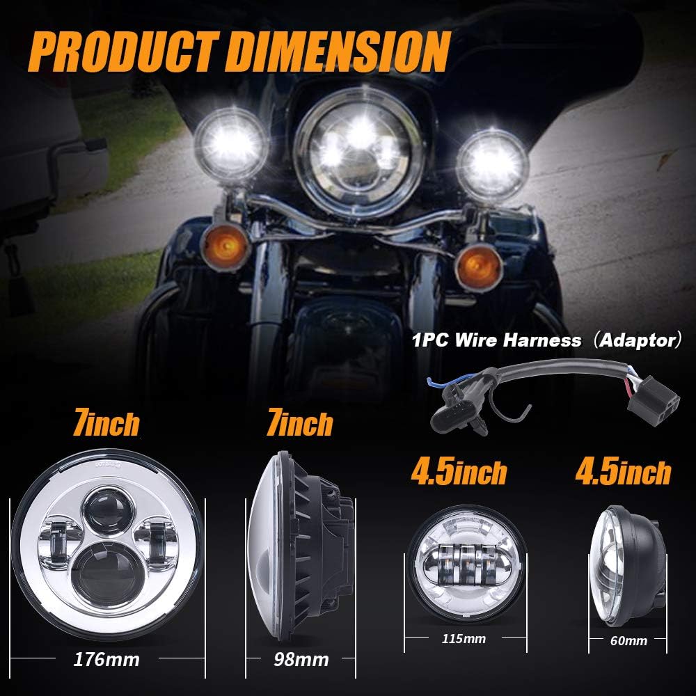 LUSGWUFAD motorcycle 7 inch LED headlight kit 4 1/2 pass lamp Fog Light Light Light Son Road King Ultra Classic Electra Street Glide FATBOY (Chrome)