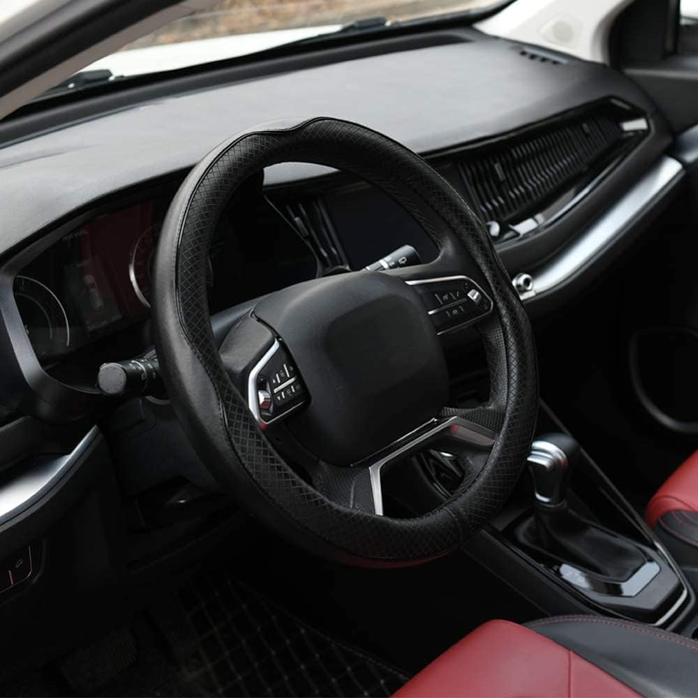 rueesh Car Steering Wheel Cover Genuine Leather Sporty Curve, Durable, Thick, Anti-Slip, 15 in. Medium Size